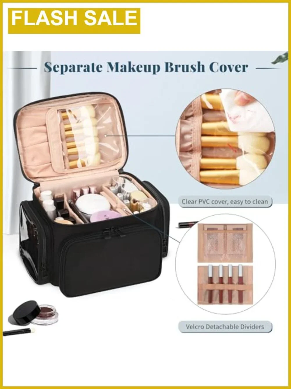 Travel Makeup Bag Cosmetic Organizer with Shoulder Strap and Brush